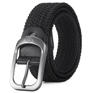 Schwarzer elastischer Flechtgürtel mit gebürsteter Silberschnalle für Unisex
