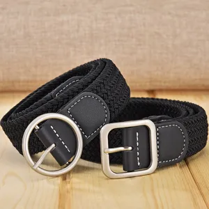 Black woven stretch belt for women, casual elastic waist belt with stylish metal buckle.