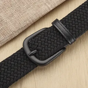 Black woven stretch belt with metal pin buckle for men and women, casual elastic trouser belt.