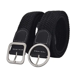 Women woven elastic belt, casual stretch braided trouser belt with metal pin buckle black.