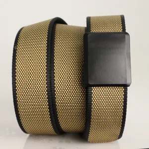 Macro view of khaki woven nylon belt strap and black plastic buckle for men's outdoor gear