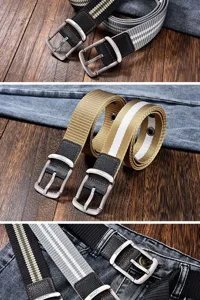 Detailed view of casual canvas belt with metal pin buckle and durable woven strap design.