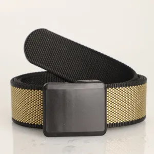 Detailed view of durable nylon web belt with matte black plastic buckle.