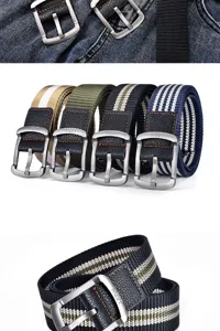 Canvas belt detail view showing durable metal pin buckle and stylish striped fabric design.