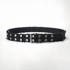 Distressed black canvas belt with double grommets and metal buckle for women and men.