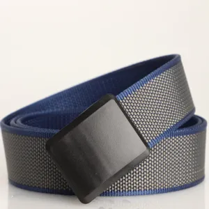Close-up detail of men's outdoor sports belt with plastic buckle and woven texture