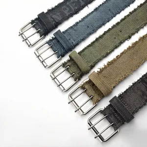 Distressed canvas belt with double pin buckle, raw edge vintage style casual pants belt.