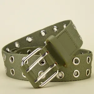 Fashionable military green canvas belt with double grommets and silver double-prong buckle for men