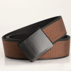Close-up of men's sports belt with matte black plastic buckle and brown nylon strap