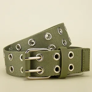 Military green men's canvas belt featuring double silver grommets and sturdy metal buckle