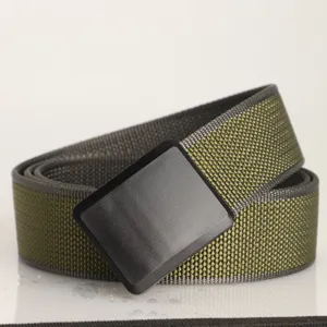 Detail view of durable woven nylon belt with matte black plastic buckle