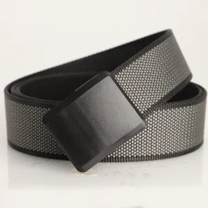Detailed close-up of a men's lightweight woven sport belt with a durable black plastic buckle