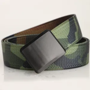 Close-up of durable camouflage webbing and matte black plastic buckle on sports belt