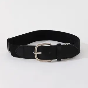Close-up of black elastic baseball belt with PU leather finish and silver buckle