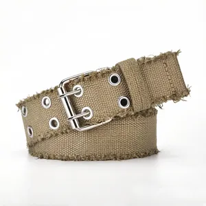 Distressed canvas belt with double grommets and metal pin buckle for casual daily wear.