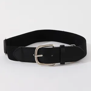 Close-up of black elastic baseball belt with silver buckle and PU leather ends