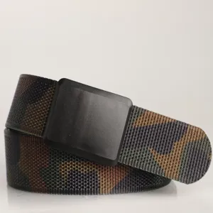 Macro view of men's outdoor camouflage nylon belt featuring a matte black plastic buckle