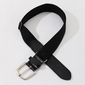 Macro view of black elastic belt showing durable woven texture and silver buckle