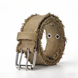 Wasteland style distressed canvas belt detail, khaki frayed edge and metal double buckle.