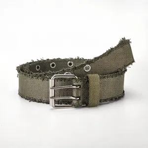 Wasteland style distressed canvas belt with frayed edges, metal grommets and double pin buckle.