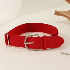 Close-up detail of a bright red elastic adjustable belt with a PU leather buckle for sports