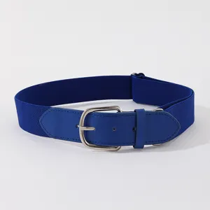 Close-up of royal blue elastic sports belt with adjustable silver metal buckle detail.