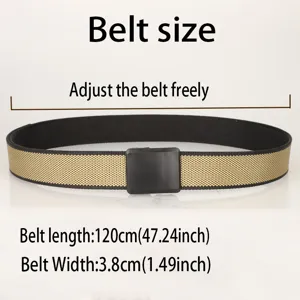 Men's outdoor sport belt with plastic buckle, 120cm length and 3.8cm width specifications.