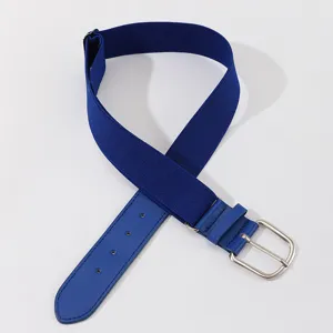 Close-up of a blue adjustable elastic woven sports belt with PU leather end