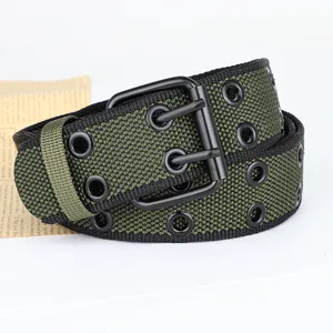 Groen zwart canvas riem casual metaal dubbele doorn gesp oogje jeans broek accessoire
