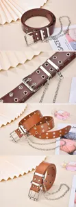 Women's brown punk leather belt with double eyelets and metal chain, stylish waist accessory.