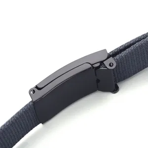 Close up view of black metal automatic buckle on dark grey tactical canvas belt detail.
