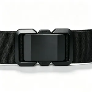 Macro detail of high-quality magnetic quick-release buckle on black nylon tactical belt