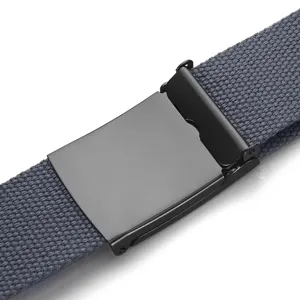 Close-up detail of the durable canvas strap and sleek black metal buckle for men's belts.