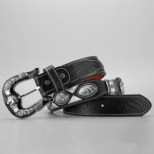 Cintura in pelle western vintage con fibbia floreale in argento e dettagli in metallo per uomo.