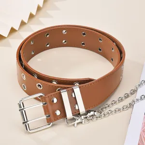 Trendy punk style brown leather belt with double row eyelets and cool metal chain accessory.