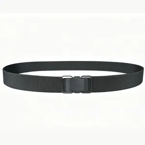 Close-up view of black nylon elastic belt with metal quick-release buckle mechanism.