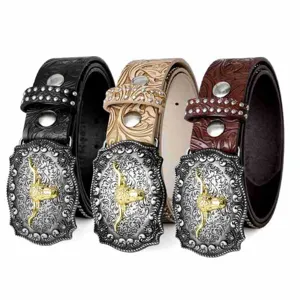 Retro westlicher Herren Ledergürtel mit verziertem Stierkopf Metallschnealle und Nietendesign
