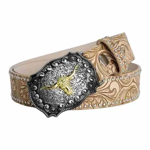 Retro Herren Western Ledergürtel mit Blumenprägung und verziertem Stierkopf-Schnalle.