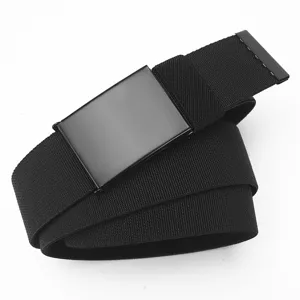 Men black elastic canvas belt with metal buckle casual tactical punch-free waist strap style