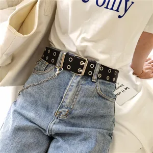 Punk style double grommet belt with metal chain fashion waist belt for women denim jeans