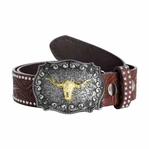 Vintage Western Ledergürtel mit kunstvoller Stierkopf-Metallschnalle und Nietenbesatz.