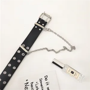 Women's black leather double grommet belt with chain punk style cool fashion jeans decorative
