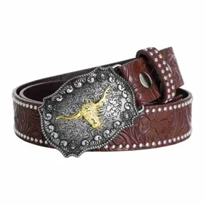 Herren Retro Western Punk Gürtel mit goldenem Stierkopf und Nieten für Modetrend Outfit