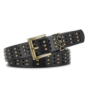 Cintura de cuero negro con tachuelas punk para mujer, accesorios de moda con hebilla de bronce.