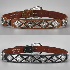 Cintura in pelle stile western vintage con fibbia in metallo inciso stella e cavallo alla moda.