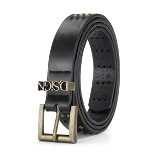 Cintura cuero negro punk mujer hebilla bronce antiguo doble fila ojetes estilo casual