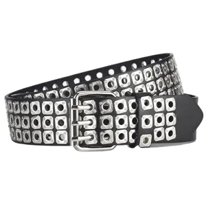 Schwarzer Punk Ledergürtel mit drei Reihen Metallösen und silberner Dornschnalle für Herren.