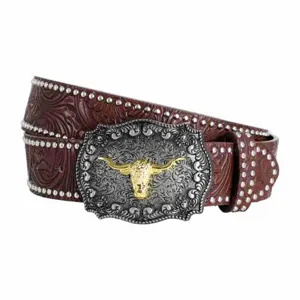 Western Cowboy Retro Ledergürtel Detailansicht mit Stierschädel Schnalle und Nieten