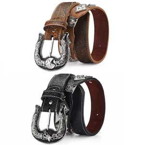 Cintura in pelle intagliata in stile western vintage per uomo e donna con fibbia in metallo.
