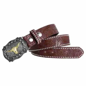 Vintage Punk Herren Ledergürtel mit gravierter Stierschnalle und Metall Nieten Details.